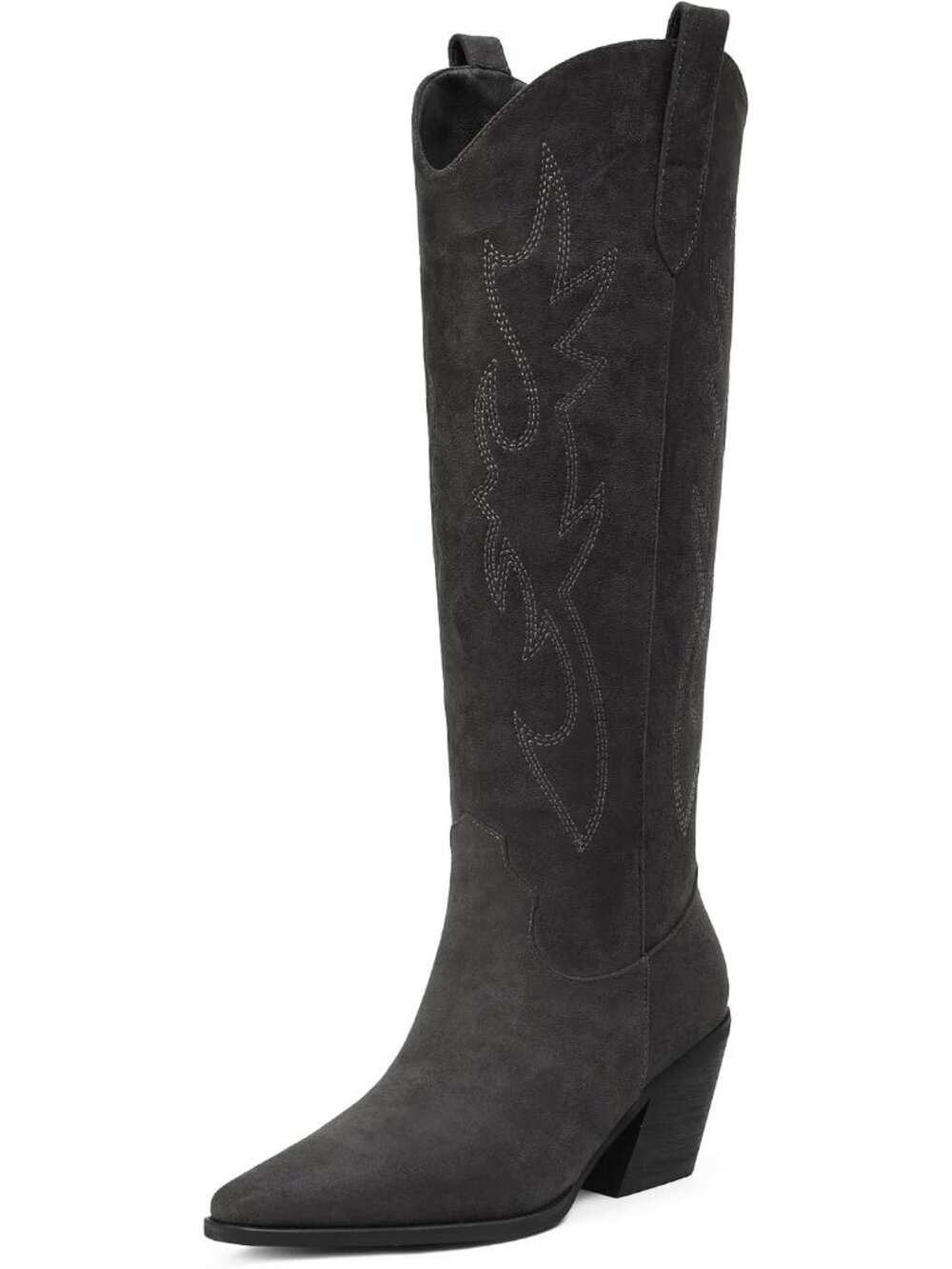 Women's Dark Gray Embroidered Knee High Block Heel Pointed Toe Cowgirl Boot